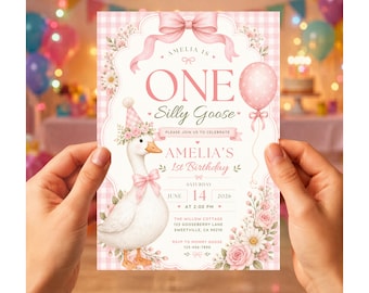Silly Goose 1st Birthday Invitation Template | Pink Gingham One Silly Goose Party Invite, Baby Girl First Birthday, Editable Canva Download