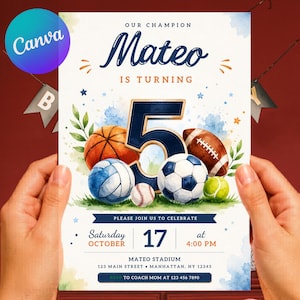 Peut inclure: Une invitation d'anniversaire avec le nom "Mateo" et le chiffre "5" en bleu marine et or. L'invitation présente des illustrations de ballons de sport. Le texte indique "Veuillez vous joindre à nous pour célébrer" avec la date, l'heure et le lieu. Fond avec des éclaboussures d'aquarelle.