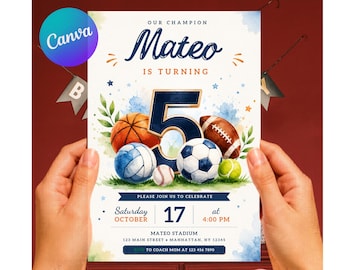 Invitación de cumpleaños deportiva, invitación para fiesta de cumpleaños de estrellas, plantilla editable de Canva, invitación de cumpleaños multideportiva, descarga digital imprimible.