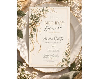 Birthday Dinner Invitation, Floral Birthday Invite, Vintage Botanical Party Invitation, Editable Canva Template, Printable Digital Download