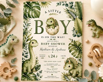 A Little Boy Is On The Way! Dinosaur Baby Shower Invitation, Hatching Dino Egg Invite, Editable Canva Template, Couples Shower Evite