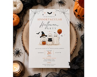 Halloween Party Invitation, Minimalist Halloween Party Invite, Cute Ghost Halloween, Spooky Party Invitation, Editable Canva Template