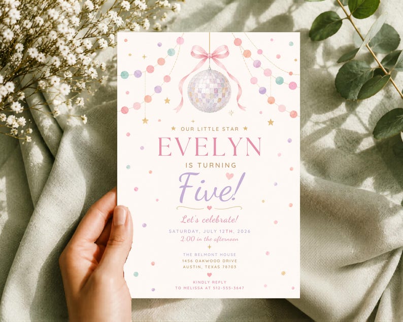 May include: A birthday invitation card featuring a disco ball hanging from a pink ribbon, surrounded by pastel-colored garlands and stars. The text reads: Our Little Star Evelyn is turning Five! Let's celebrate! Saturday, July 12th, 2026, 2:00 PM.