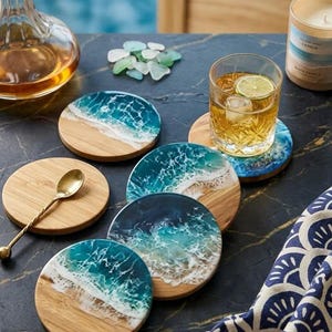 Ocean Wave Coasters Set ( 6 pcs ) , Beach Decor, Wood & Epoxy Resin Drink Coasters, Coastal Aesthetic Table Decor, Ocean Gift