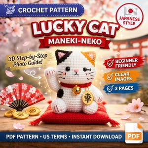 Motif au crochet porte-bonheur | Amigurumi Maneki Neko, style japonais (téléchargement PDF)
