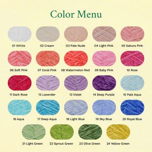May include: A color menu displays 24 yarn colors, each in a small oval. Colors range from white, cream, and pale nude to various shades of pink, red, purple, blue, and green. The text "Color Menu" is at the top.