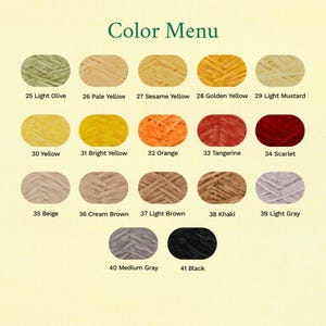 May include: A color menu displays 17 yarn color options, including Light Olive, Pale Yellow, Sesame Yellow, Golden Yellow, Light Mustard, Yellow, Bright Yellow, Orange, Tangerine, Scarlet, Beige, Cream Brown, Light Brown, Khaki, Light Gray, Medium Gray, and Black.