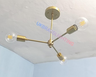 Modern Brass Sputnik Chandelier 3-Light Ceiling Fixture • Mid-Century Modern Lighting  Minimalist Semi Flush Mount