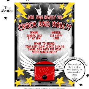 Peut inclure: Invitation numérique sur le thème du rock and roll. L'invitation présente un autocuiseur rouge avec des ailes, des étoiles jaunes et le texte "ARE YOU READY TO CROCK AND ROLL?!" Détails de la date, de l'heure et du lieu.