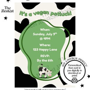 Può includere: Invito digitale per un potluck vegano. Il design presenta uno sfondo con stampa di mucca con macchie bianche e nere. Il testo recita "It's a vegan potluck!" con i dettagli dell'evento: data, ora, luogo e informazioni RSVP.