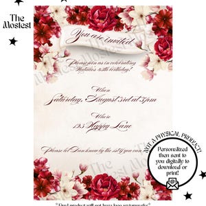 May include: A digital invitation with a floral design. The invitation features a banner that reads "You are invited" and includes details for a 45th birthday celebration. The design incorporates red and white flowers and black star accents.