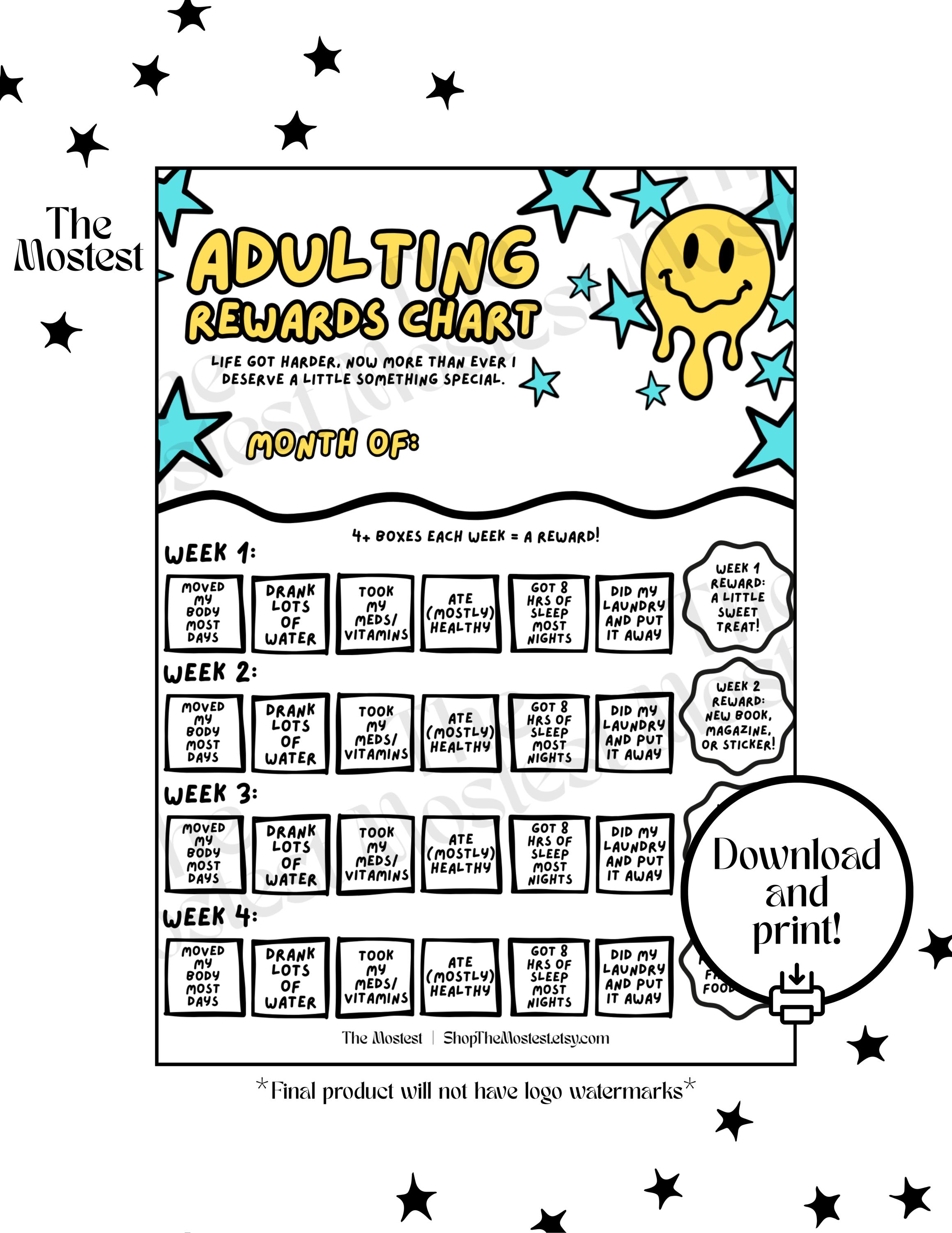 Adulting Rewards Chart | Adult ADHD Self Care | Filled and Blank ...