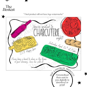 May include: A digital invitation for a charcuterie night, featuring illustrations of food and wine. The design includes a pink wine bottle, a yellow cutting board, and a green cutting board. Text includes "You're invited to CHARCUTERIE night!" and event details.