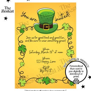 May include: St. Patrick's Day invitation with a green leprechaun hat, shamrocks, and the text "You are invited!" on a yellow background. The invitation includes event details and RSVP information.