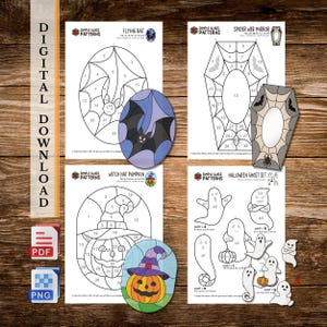 May include: A digital download set of four Halloween-themed stained glass patterns featuring a flying bat, a spider web mirror, a witch hat pumpkin, and a ghost set. Each page includes numbered outlines and a finished colour example of the design.
