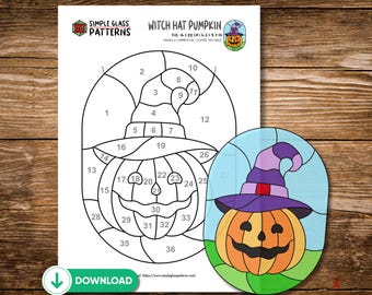 Kürbis-Buntglas-Vorlage mit Hexenhut • Halloween-Sonnenfänger-Vorlage (Digitaler Download)