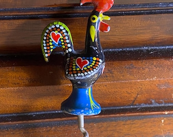 Portuguese Hand Painted Rooster Corkscrew -- Folk Art Wine Bottle Opener -- Unique Barware