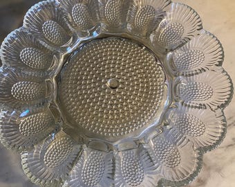 Vintage Indiana Glass Deviled Egg Plate -- Clear Pressed Hobnail Glass Serving Tray - Summer Dining