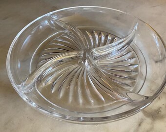 Vintage Pressed Glass Relish Dish -- Starburst Pattern -- Divided Candy Dish -- Heavy Glass