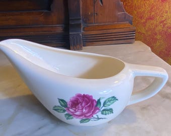 Mid Century Pink Rose Gravy Boat -- Vintage Ceramic Transferware Floral Pitcher -- Cottage Chic Decor