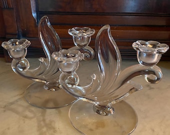 Vintage Crystal Double Taper Candleholders -- Sculptural Design -- Elegant Pair