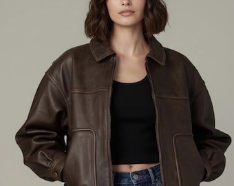 1980s Oversized Distressed Brown Leather Jacket vintage Bixy Fit