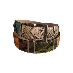 Può includere: Due cinture in pelle con fibbie argentate. La cintura superiore presenta un motivo a pelle di serpente color crema, nero e verde. La cintura inferiore ha un motivo a pelle di serpente arancione, marrone e verde.