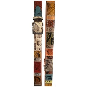 May include: A patchwork belt in various reptile skin patterns. The belt displays a mix of colours including red, blue, yellow, and brown. It has a silver-toned buckle and a leather backing. The belt's design is eye-catching.