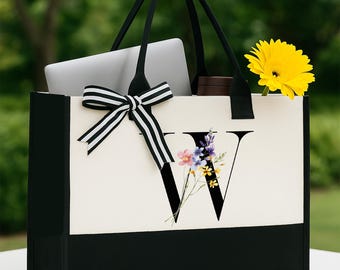 Personalized Monogram Canvas Tote Bag, Custom Tote Bag with Name, Monogrammed Gift For Woman, Customized Bridesmaid Tote Bag