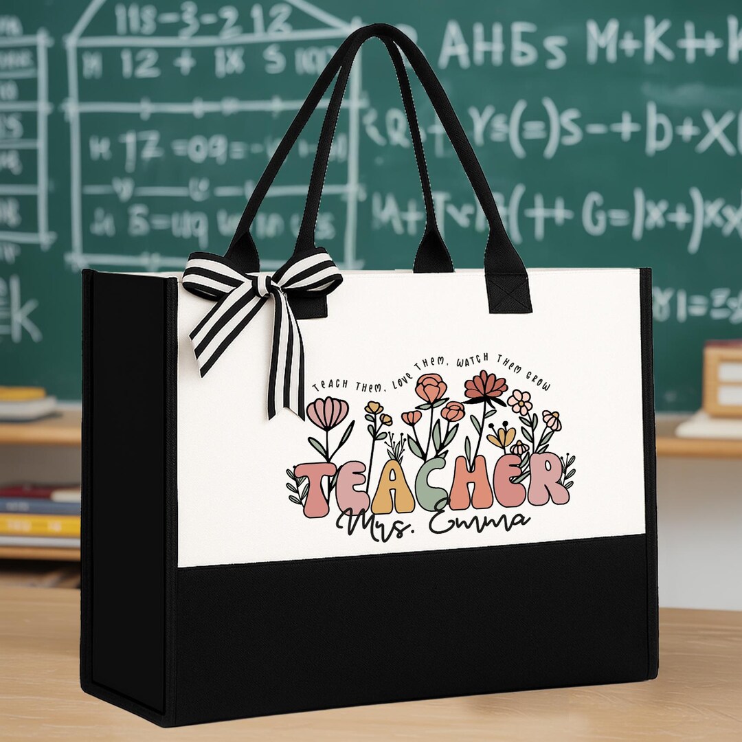 Personalized Teacher Canvas Tote Bag With Beautiful Flowers, Custom ...