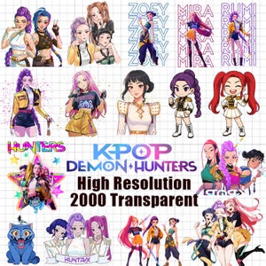 May include: A collection of colorful K-pop-themed digital art featuring various female characters in stylish outfits. The image includes text that reads "KPOP DEMON HUNTERS High Resolution 2000 Transparent".