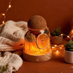 Puede incluir: Un tarro de vidrio decorativo con base de madera y tapa de corcho, iluminado desde el interior. Contiene rodajas de naranja deshidratadas y elementos botánicos. La luz cálida crea un ambiente acogedor, ideal para la decoración del hogar. Una manta de punto y pequeñas plantas en maceta están en el fondo.