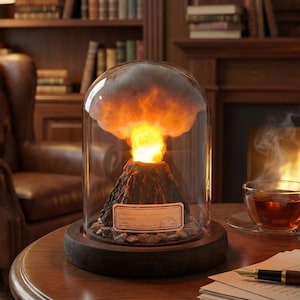 May include: A decorative volcano lamp inside a glass dome. The volcano emits a bright orange light, with a cloud-like effect at the top of the dome. The lamp rests on a wooden base, creating a warm atmosphere. The base is approximately 15 cm in diameter.