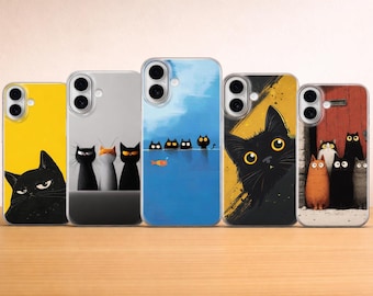 Black Cat Phone Case, Cute Cartoon Kitty Gift Cover for iPhone 17 Pro Max, 16e, 15, 14,12 & Samsung S25 Ultra, S24 FE, A56, Pixel 10XL, 9a,8