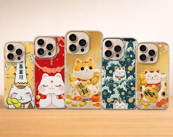 Kawaii Cat Phone Case, Maneki Neko Art Gift Cover for iPhone 17 Pro Max, 16e, 15, 14, 12 & Samsung S25 Ultra, S24 FE, A56, Pixel 10 XL, 9a,8