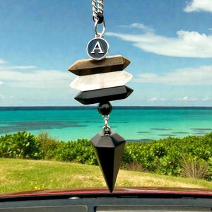 Travel Safety Car Charm Pendulum 4 Crystal Protection / Black Obsidian, Tiger’s Eye, Clear Quartz, Hematite PERSONALIZED rear view mirror