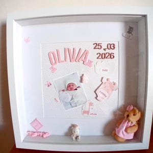 Peut inclure: Un cadre blanc avec une photo de bébé, le nom "OLIVIA" en lettres roses et des éléments décoratifs. Comprend un ours en peluche, des vêtements de bébé et une girafe. La taille du bébé est de 49 cm, et le poids est de 3,020 kg.