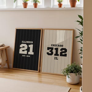 Puede incluir: Dos impresiones enmarcadas se apoyan contra una pared. Una es negra con rayas blancas y el texto "ILLINOIS 21 EST. 1910". La otra es beige con rayas blancas y el texto "CHICAGO 312 IL". Las impresiones están en una habitación con plantas.