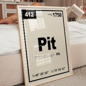 Puede incluir: Una lámina rectangular enmarcada con fondo beige y texto en negro. La impresión muestra el número 412, el texto Founded in 1758, la abreviatura Pit, la ubicación Pittsburgh PA y las coordenadas N 40 26' 30" W 79 59' 42".