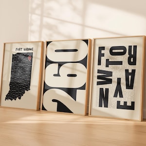 Fort Wayne Wall Art Set of 3 | Indiana Map Print | 260 Area Code | Typography Poster