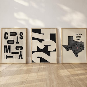 Custom City Wall Art Set of 3 | State Map Print | Custom City Area Code | Typography Poster