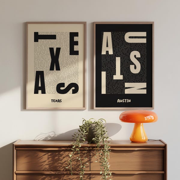 Austin Texas 2 Print Poster Set  - Black & Creme Typography Print