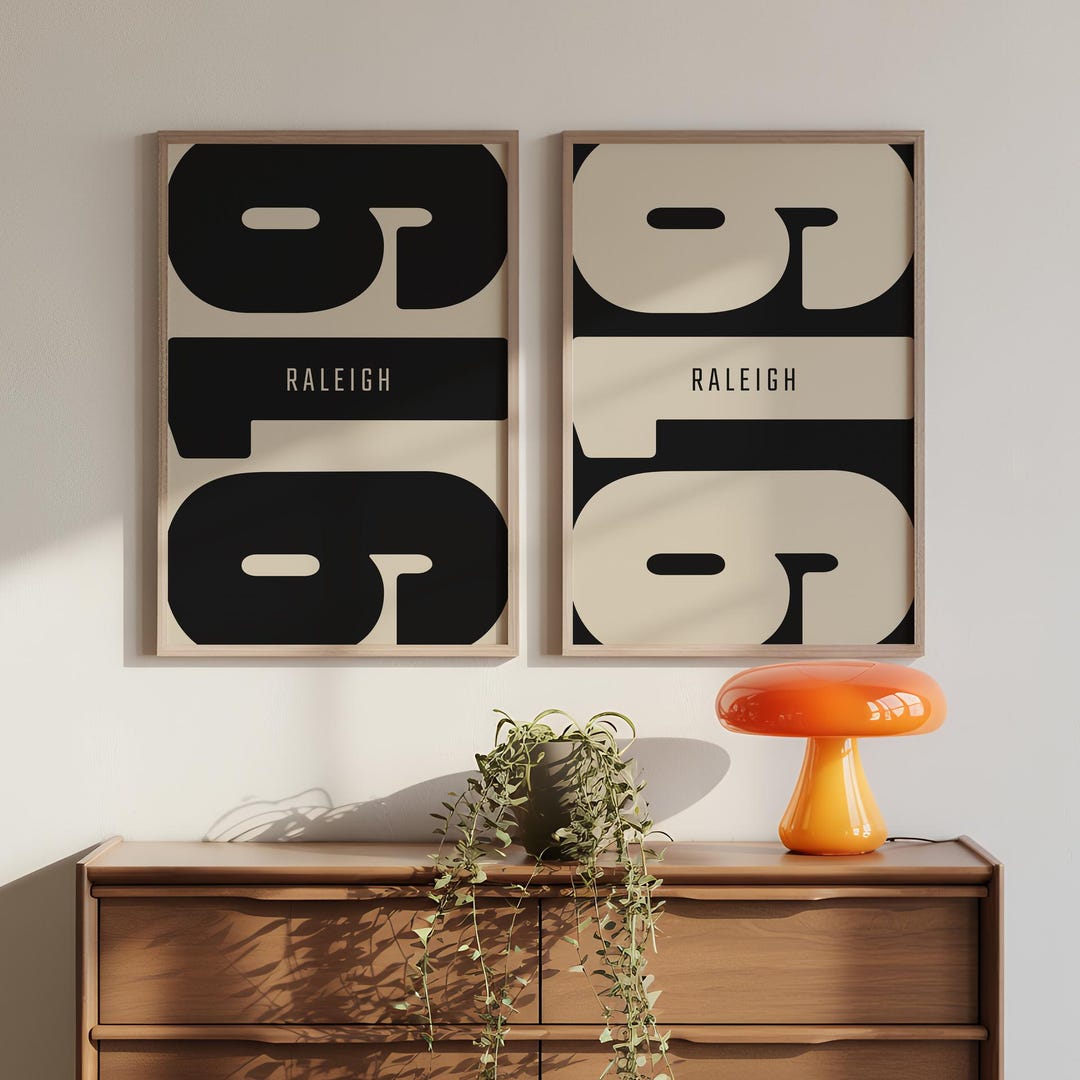 Raleigh North Carolina 919 Area Code Poster Set, Minimalist Black Beige ...