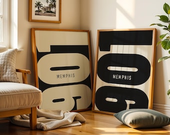 Memphis Tennessee 901 Area Code Poster Set, Minimalist Wall Art