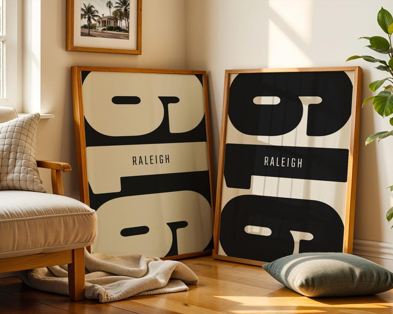 Raleigh North-carolina 919 Area Code Poster Set, Minimalist Black Beige ...