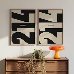 Dallas Texas 214 Area Code Poster Set, Minimalist Typography Wall Art