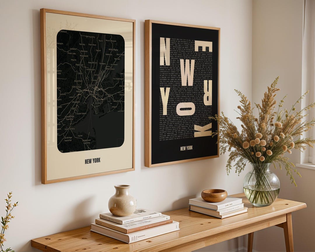 New York City Map Poster Set, Abstract Typography, Minimalist Black and ...