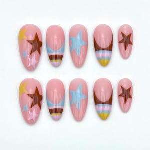 Star Stripe Press On Nails: Pastel Colours, Handmade, Mixed Shape Set