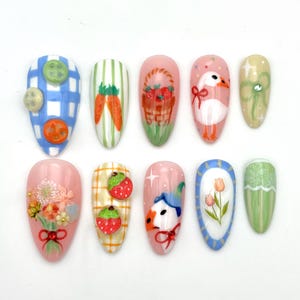 Cottage Core Press On Nails: Handmade Spring, Floral, Bow, Plaid, Stripe Detail Set
