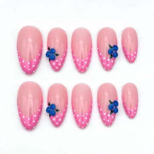 Pink Polka Dot Press On Nails: French Tip, 3D Blueberries, Mixed Shape